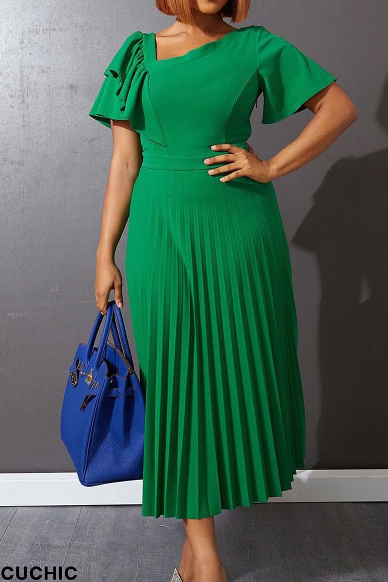 Green Casual Solid Patchwork Flounce Fold Asymmetrical Collar Straight Dresses-CuChic