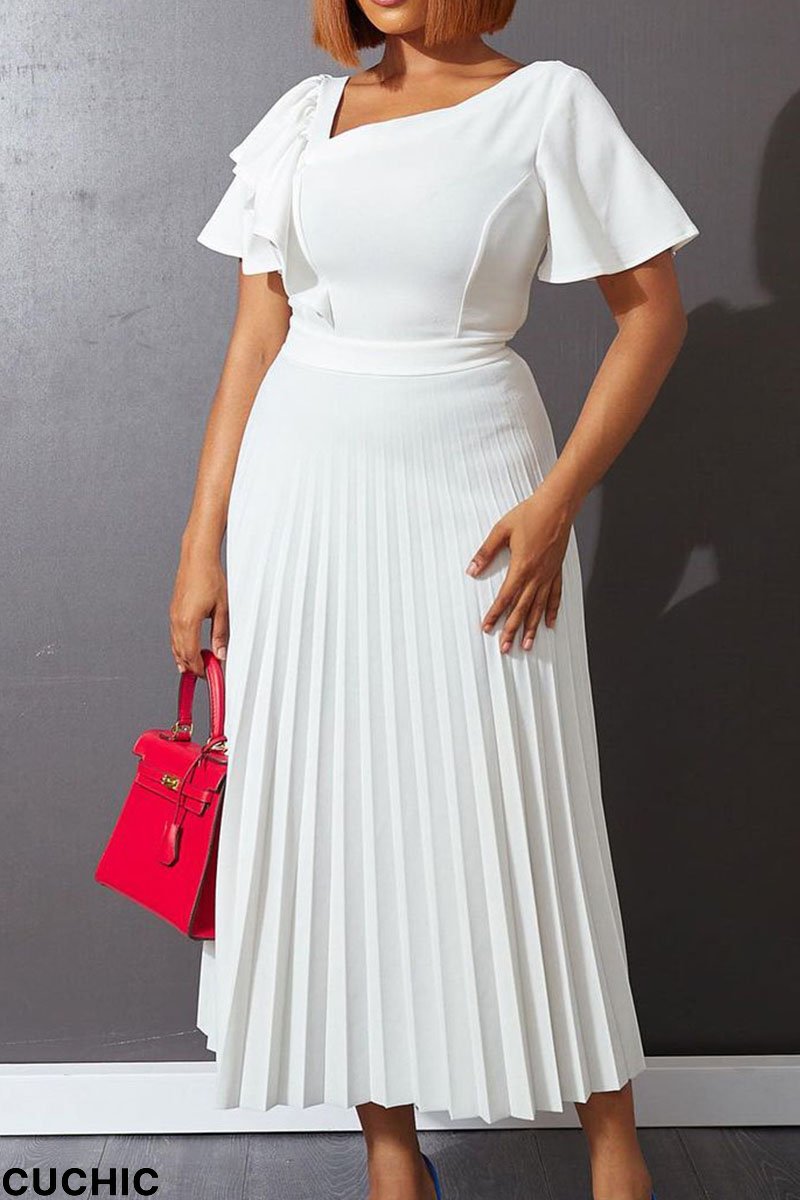 White Casual Solid Patchwork Flounce Fold Asymmetrical Collar Straight Dresses-CuChic