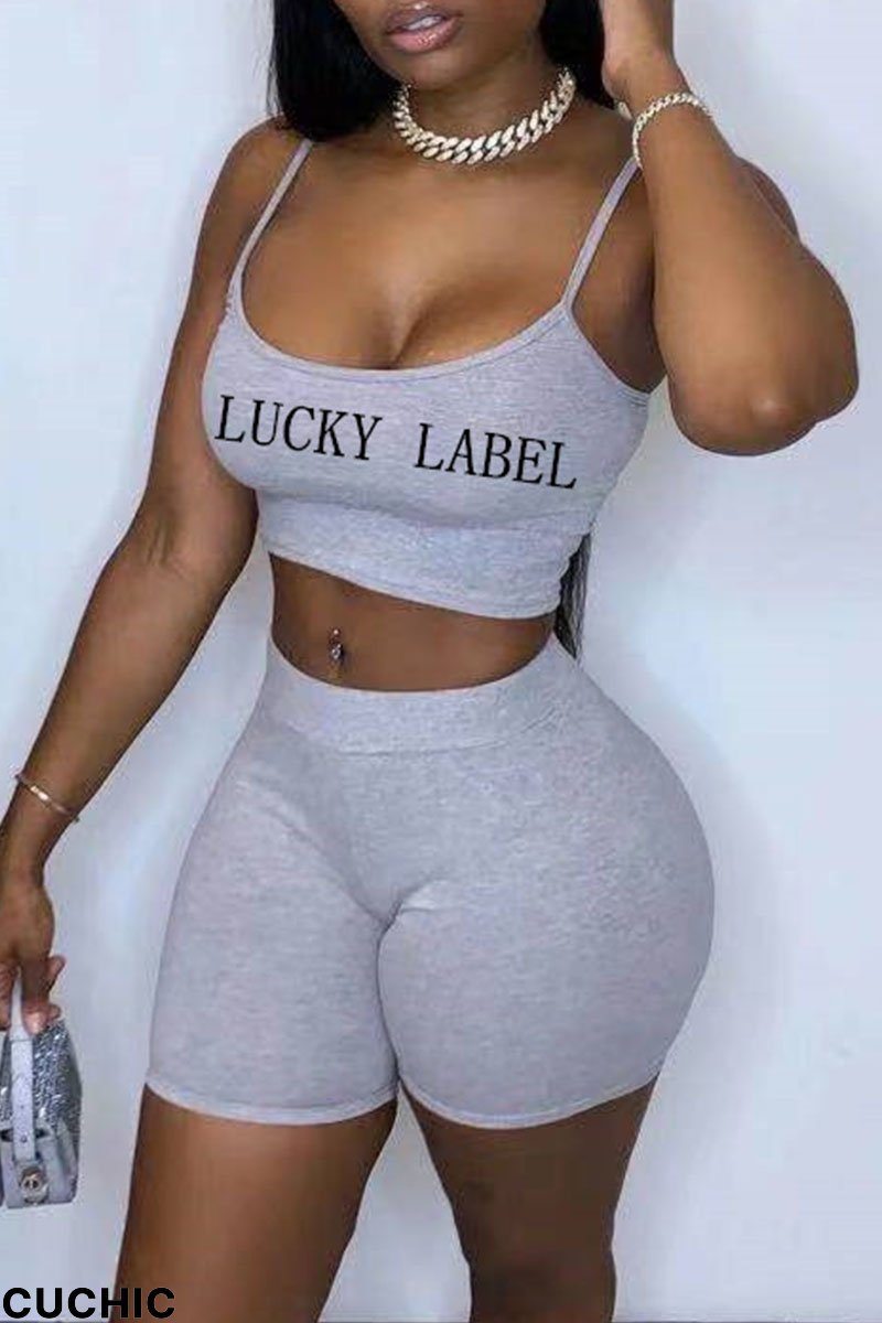 Grey Sexy Casual Letter Print Basic Spaghetti Strap Sleeveless Two Pieces-CuChic