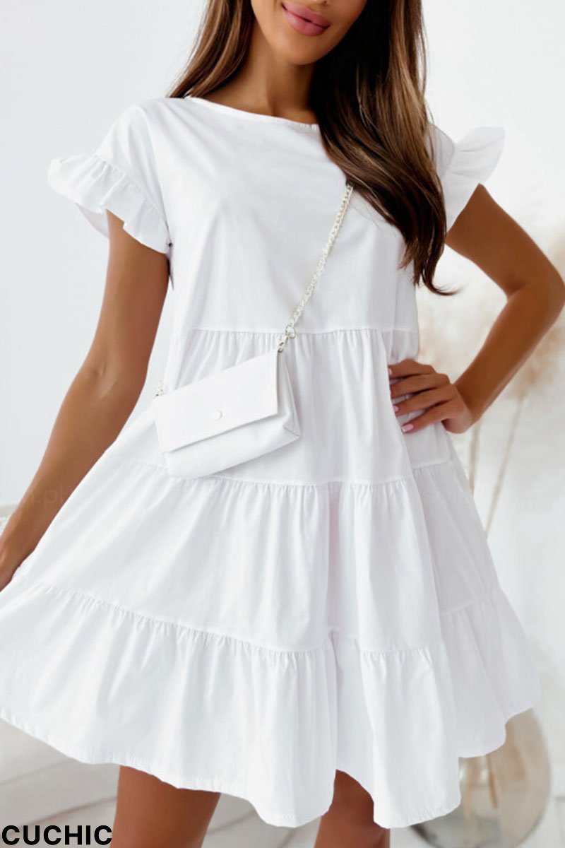 White Casual Solid Patchwork Fold Stringy Selvedge O Neck A Line Dresses-CuChic