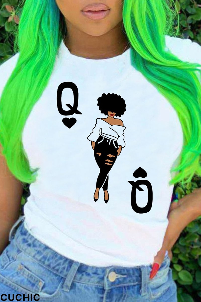 White Fashion Casual Print Basic O Neck T-Shirts-CuChic