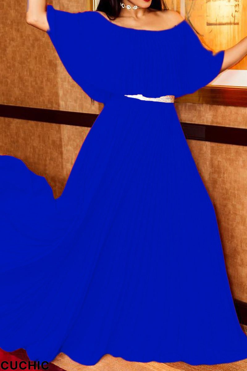 Blue Casual Elegant Solid Patchwork Fold Off the Shoulder Dresses-CuChic