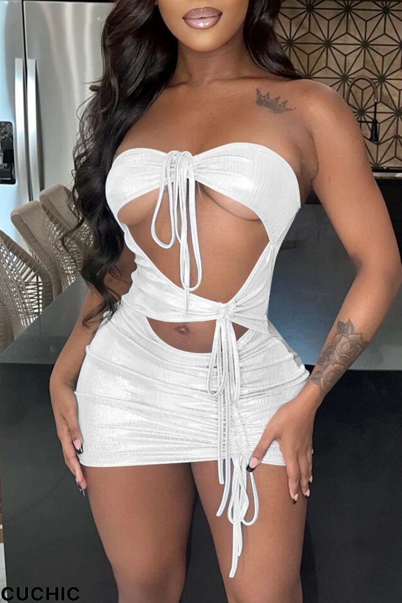 Silver Sexy Solid Bandage Backless Strapless One Step Skirt Dresses-CuChic