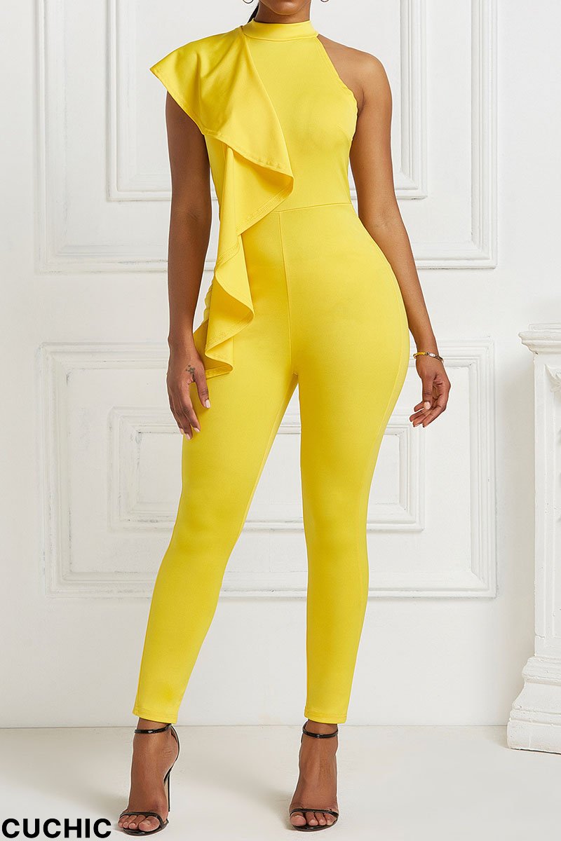 Yellow Casual Solid Patchwork Flounce O Neck Skinny Jumpsuits-CuChic
