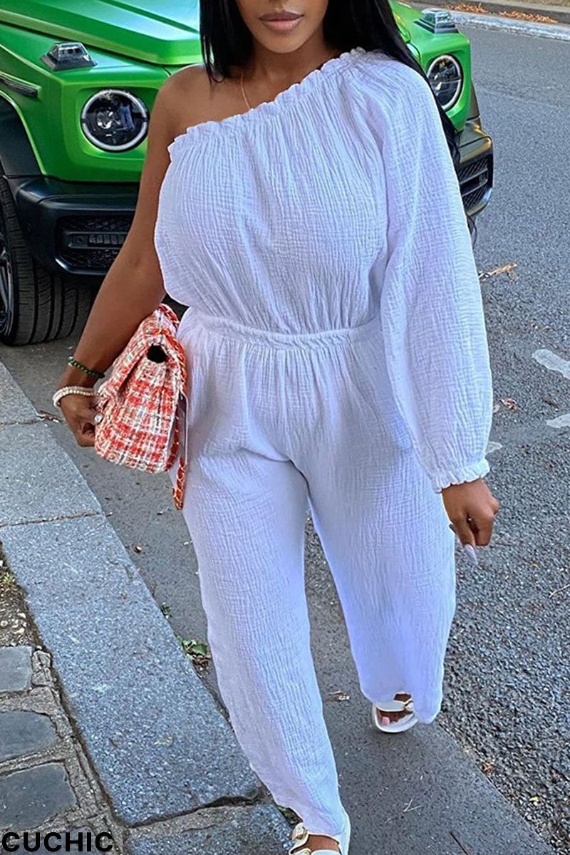 White Casual Solid Patchwork Oblique Collar Straight Jumpsuits-CuChic
