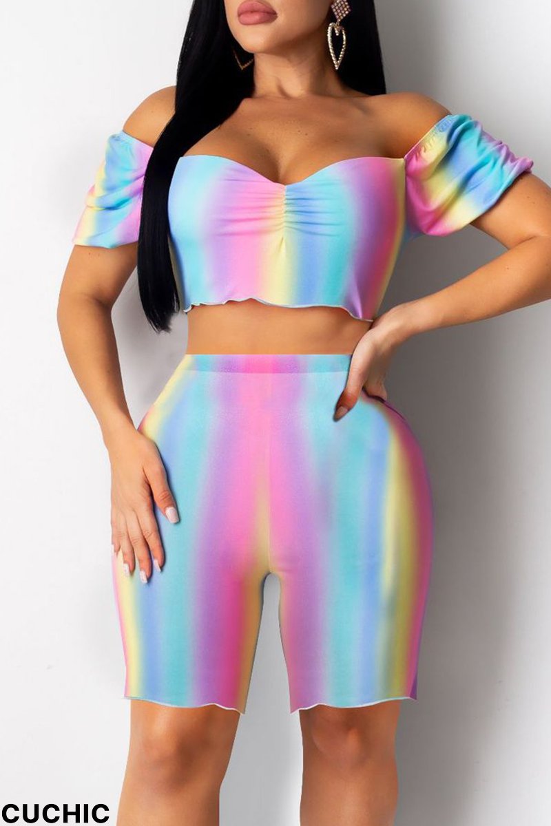 Colour Sexy Casual Print Backless Off the Shoulder Short Sleeve Two Pieces-CuChic