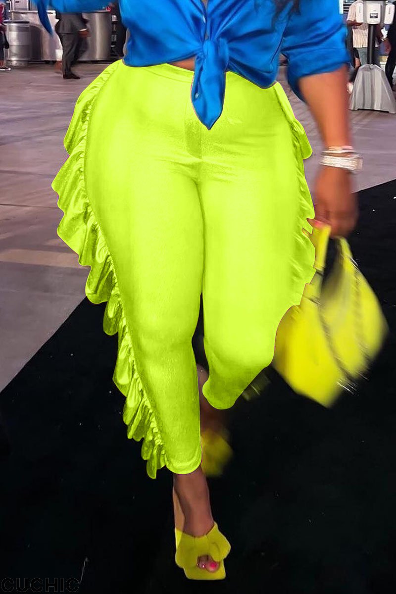Fluorescent Yellow Casual Solid Patchwork Flounce High Waist Pencil Solid Color Bottoms-CuChic