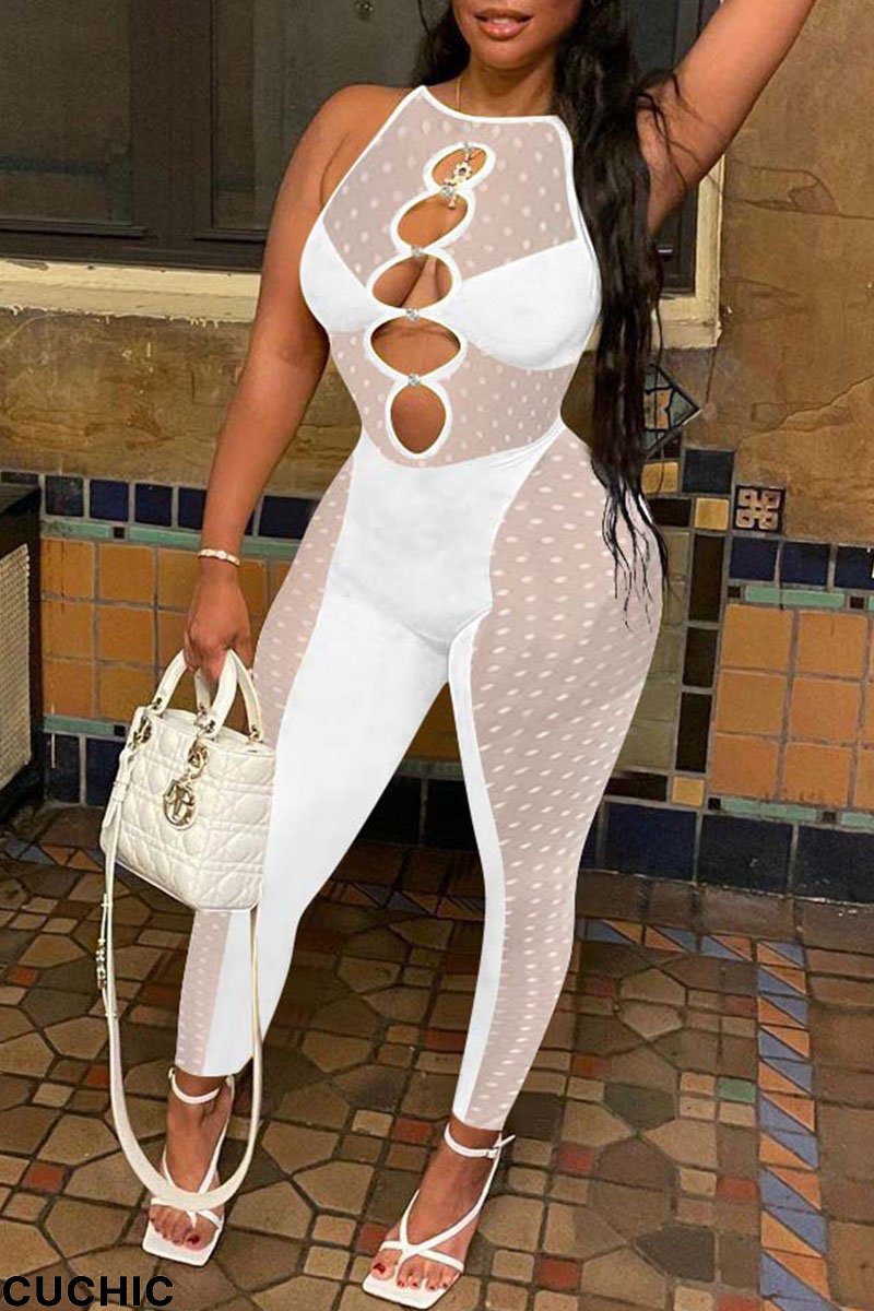 White Sexy Solid Hollowed Out Mesh O Neck Skinny Jumpsuits-CuChic
