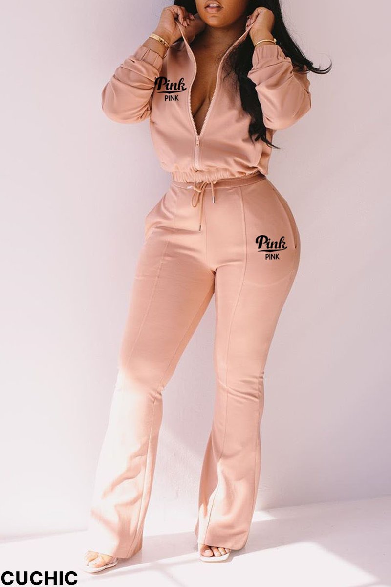 Nude Pink Fashion Print Patchwork Turndown Collar Long Sleeve Two Pieces-CuChic