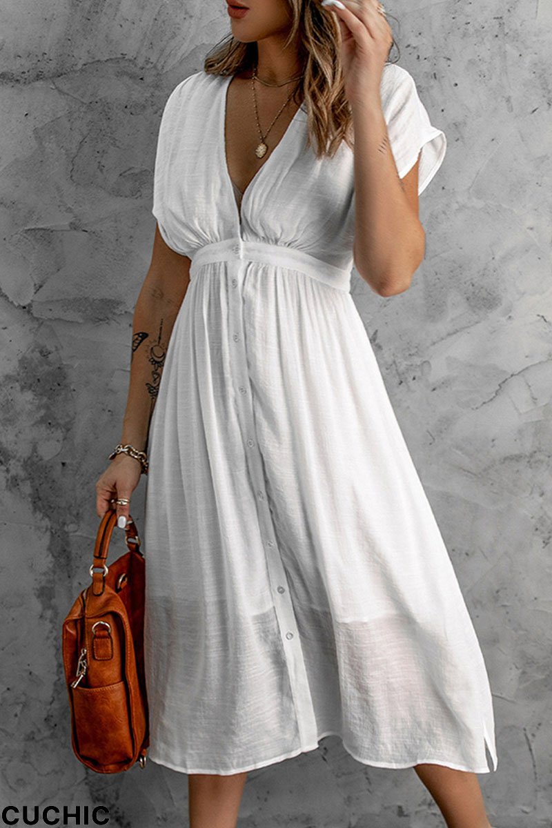 White Casual Solid Split Joint V Neck Straight Dresses-CuChic