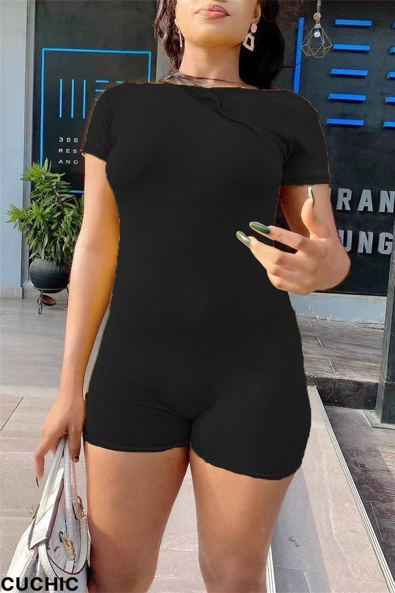 Black Fashion Casual Solid Basic O Neck Skinny Romper-CuChic