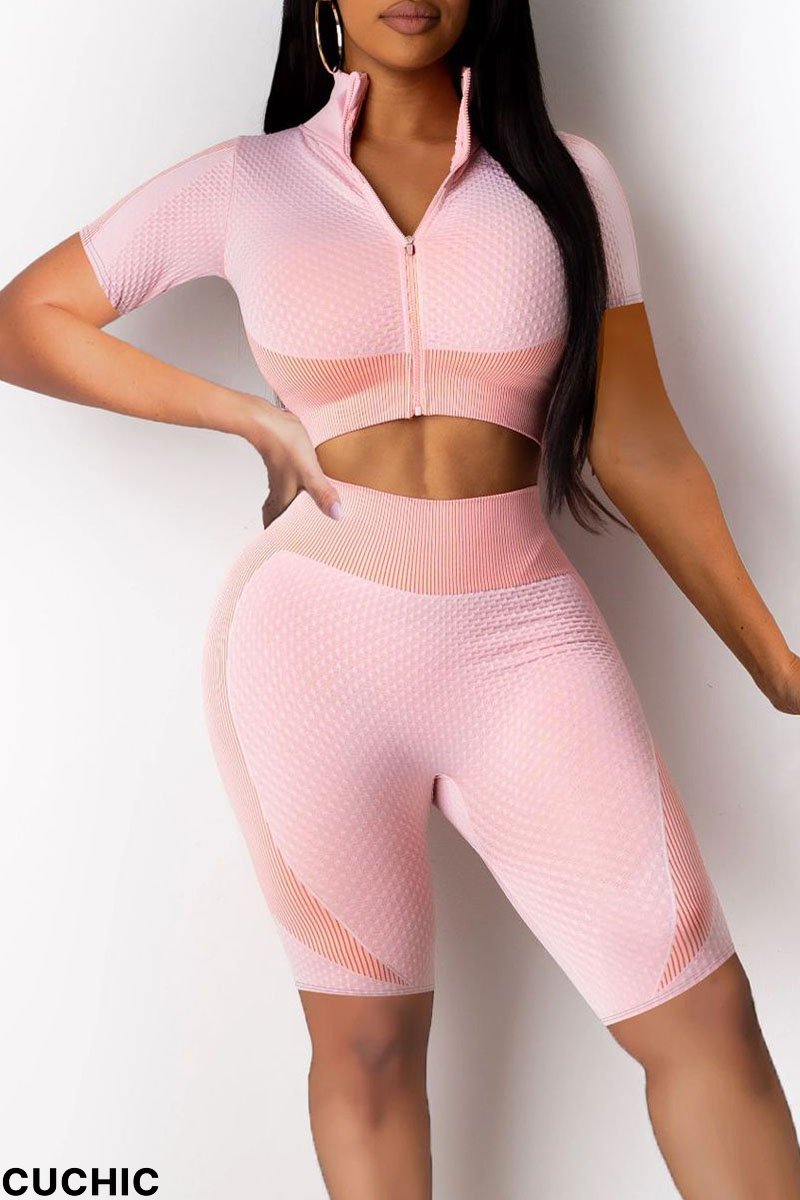 Pink Casual Sportswear Solid Split Joint Zipper Zipper Collar Short Sleeve Two Pieces-CuChic