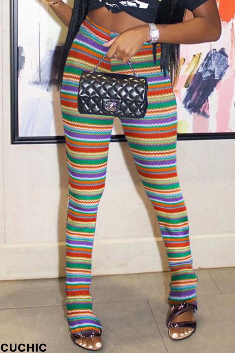 Purple Orange Fashion Street Striped Print Patchwork Fold High Waist Speaker Full Print Bottoms-CuChic