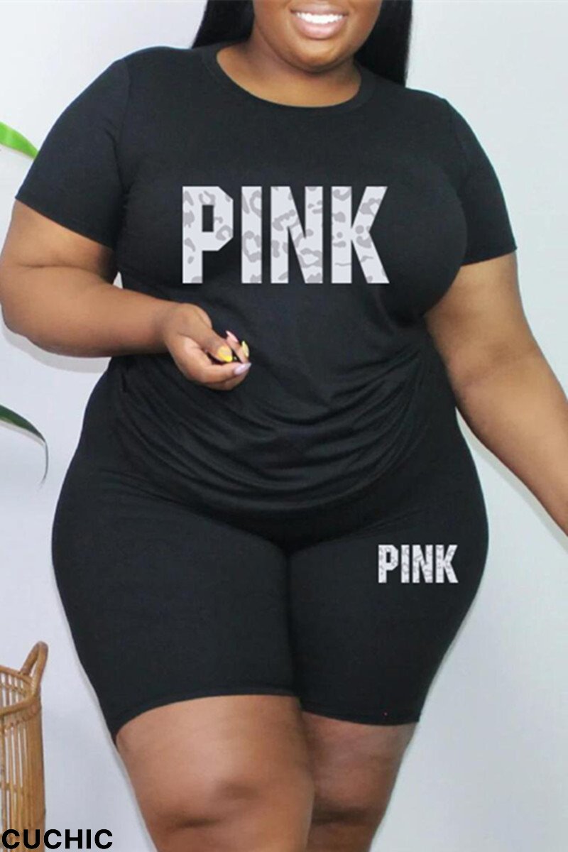 Black Fashion Casual Letter Print Basic O Neck Plus Size Two Pieces-CuChic