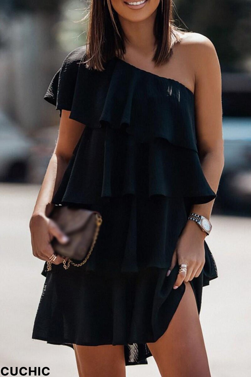 Black Casual Solid Patchwork Flounce Oblique Collar Cake Skirt Dresses-CuChic