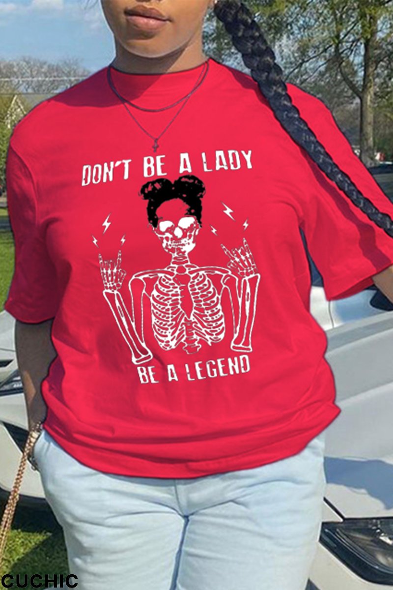 Red Casual Street Print Skull Patchwork O Neck T-Shirts-CuChic