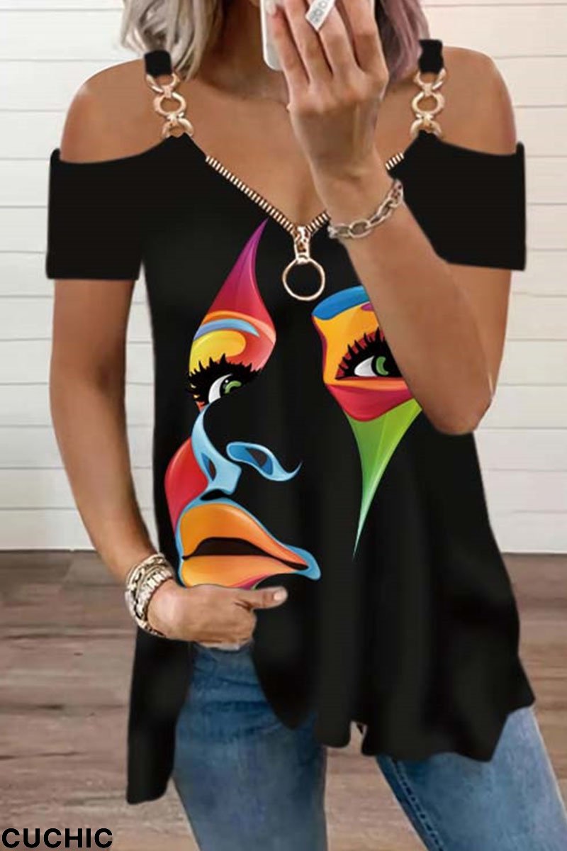 Red Casual Print Patchwork Spaghetti Strap T-Shirts-CuChic