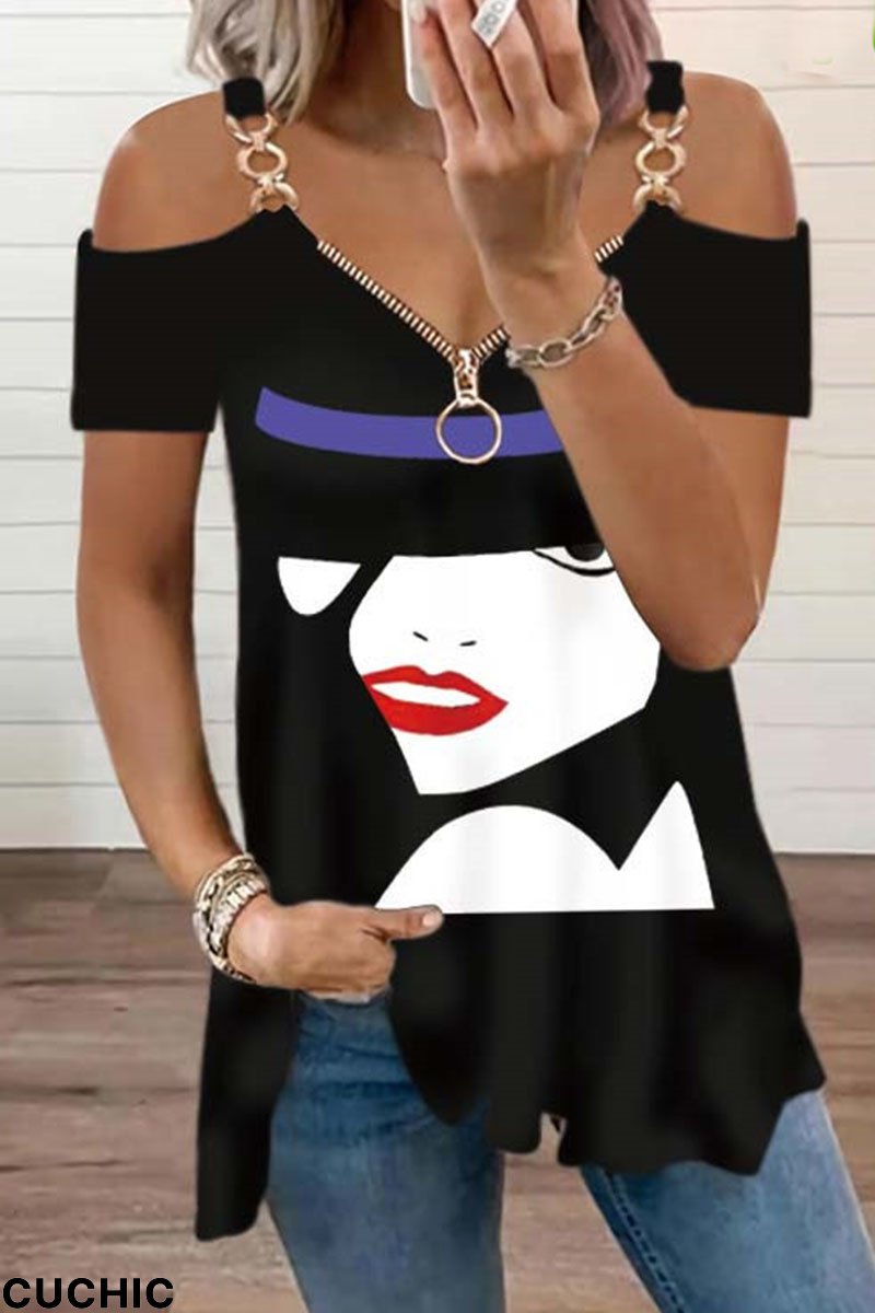 Purple Casual Print Patchwork Spaghetti Strap T-Shirts-CuChic