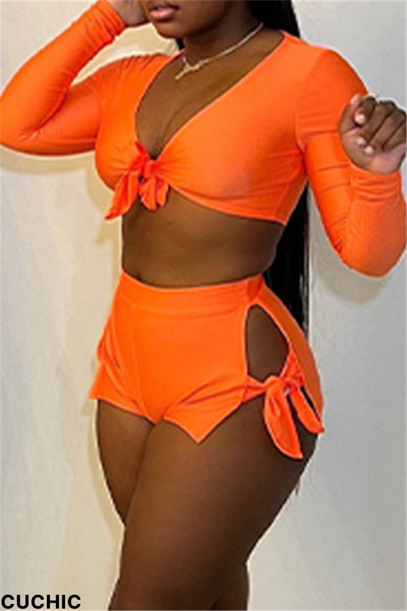 Orange Fashion Sexy Solid Bandage Hollowed Out V Neck Long Sleeve Two Pieces-CuChic