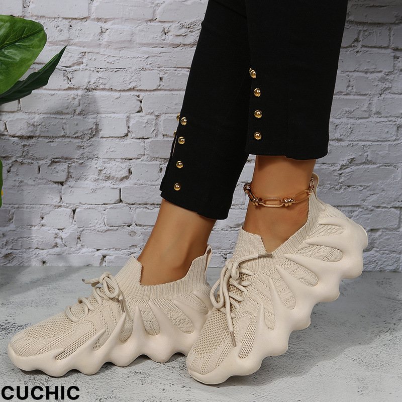 Cream White Fashion Casual Sportswear Bandage Patchwork Round Comfortable Sport Shoes-CuChic