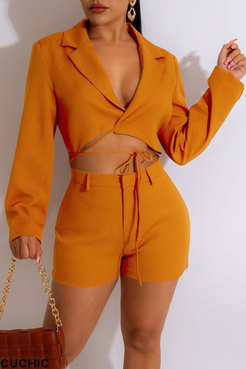 Caramel Colour Fashion Casual Solid Bandage Patchwork V Neck Long Sleeve Two Pieces-CuChic