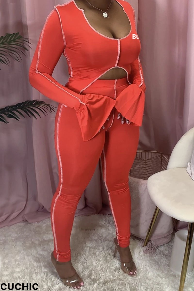 Tangerine Red Sexy Print Patchwork Asymmetrical U Neck Long Sleeve Two Pieces-CuChic