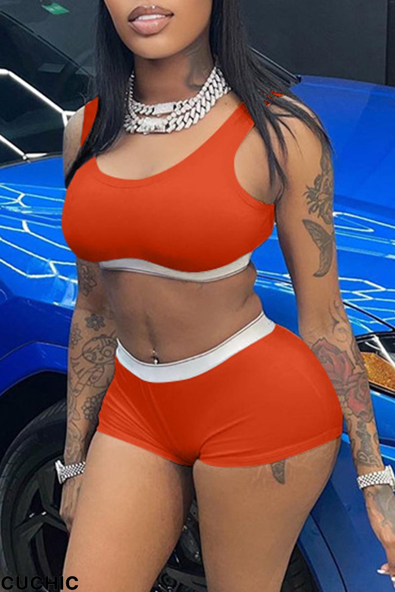 Tangerine Red Casual Sportswear Solid Split Joint O Neck Sleeveless Two Pieces-CuChic