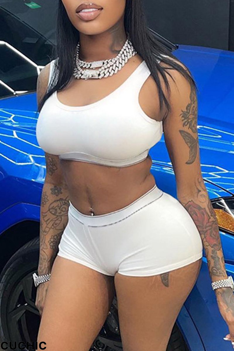 White Casual Sportswear Solid Split Joint O Neck Sleeveless Two Pieces-CuChic