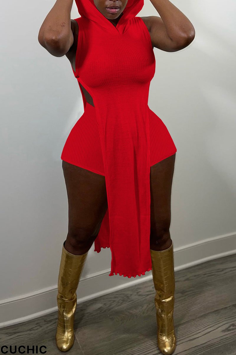 Red Sexy Solid Split Joint Slit Hooded Collar Sleeveless Two Pieces-CuChic