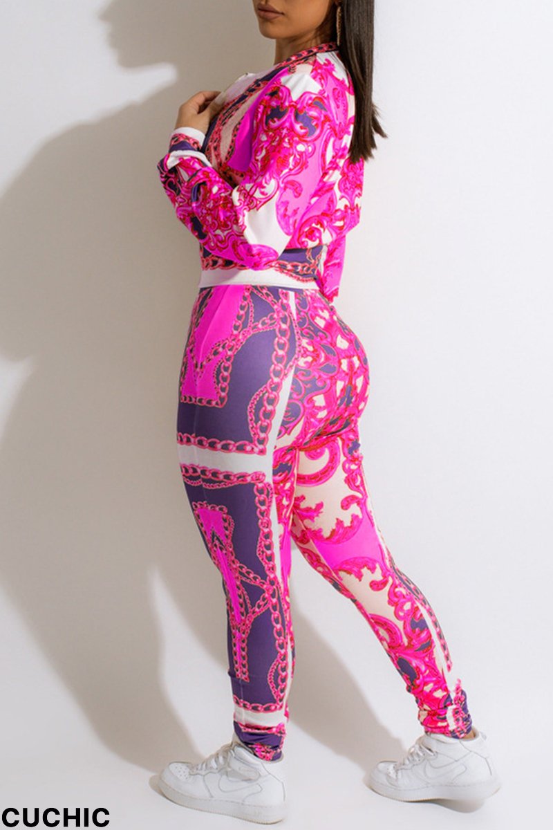 Red Fashion Casual Print Patchwork Zipper Collar Long Sleeve Two Pieces-CuChic