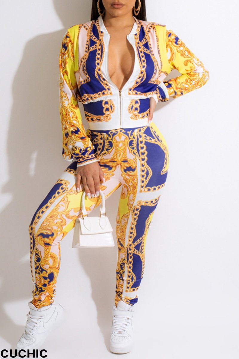 Yellow Fashion Casual Print Patchwork Zipper Collar Long Sleeve Two Pieces-CuChic