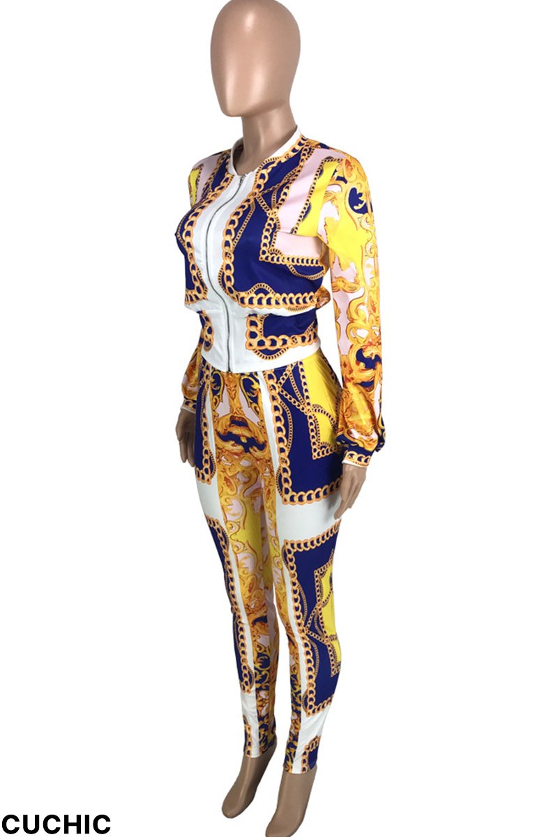 Red Fashion Casual Print Patchwork Zipper Collar Long Sleeve Two Pieces-CuChic