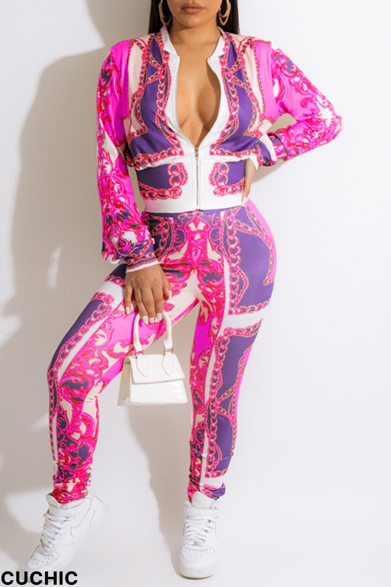 Red Fashion Casual Print Patchwork Zipper Collar Long Sleeve Two Pieces-CuChic