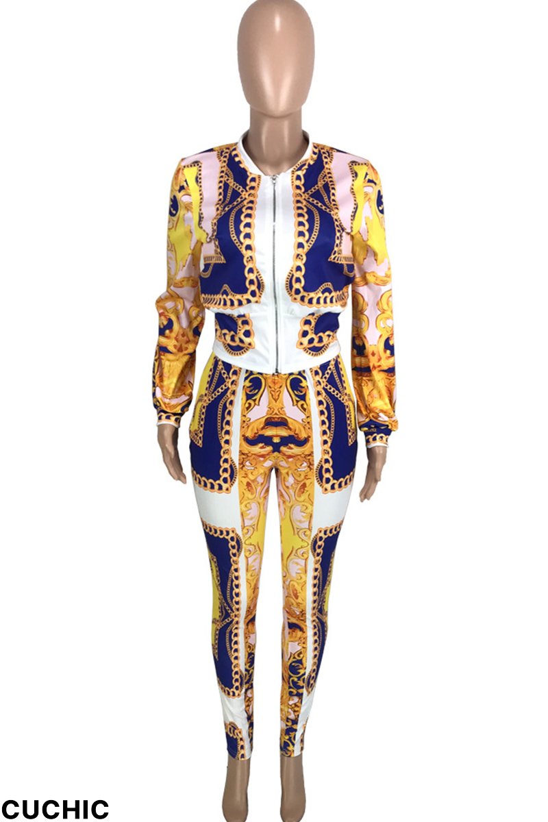 Red Fashion Casual Print Patchwork Zipper Collar Long Sleeve Two Pieces-CuChic