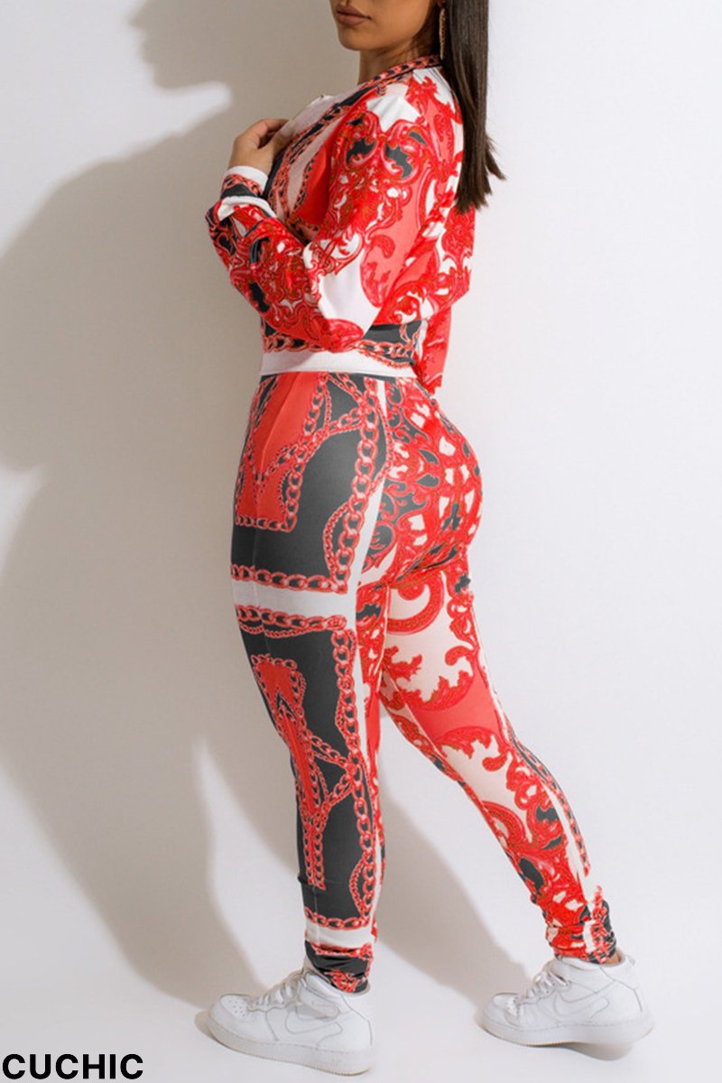 Red Fashion Casual Print Patchwork Zipper Collar Long Sleeve Two Pieces-CuChic