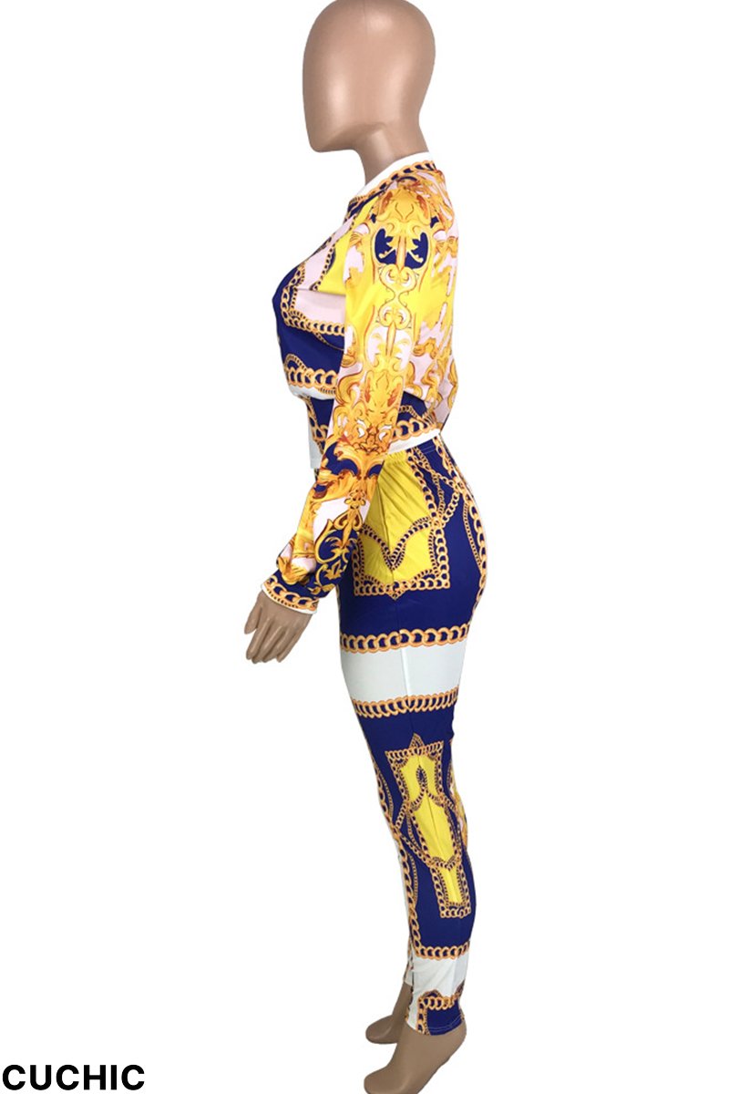 Red Fashion Casual Print Patchwork Zipper Collar Long Sleeve Two Pieces-CuChic