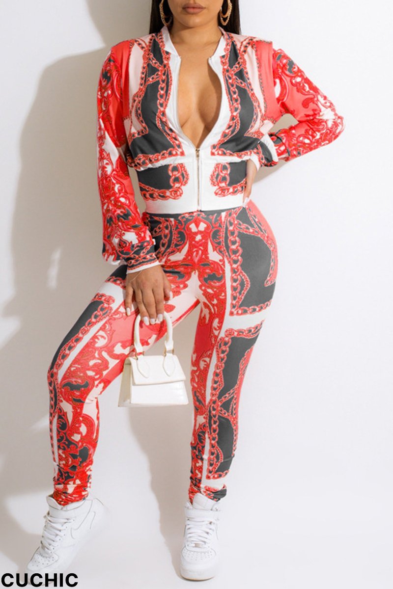 Red Fashion Casual Print Patchwork Zipper Collar Long Sleeve Two Pieces-CuChic