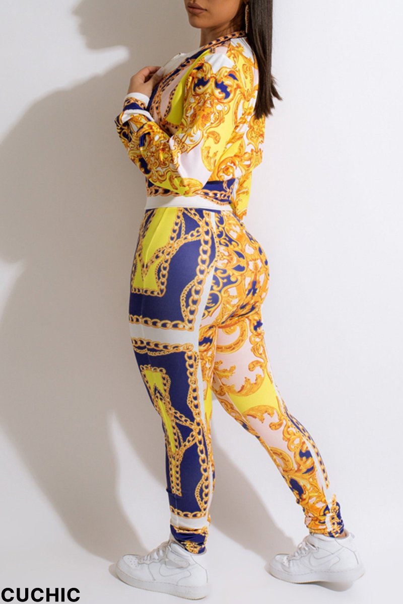 Red Fashion Casual Print Patchwork Zipper Collar Long Sleeve Two Pieces-CuChic