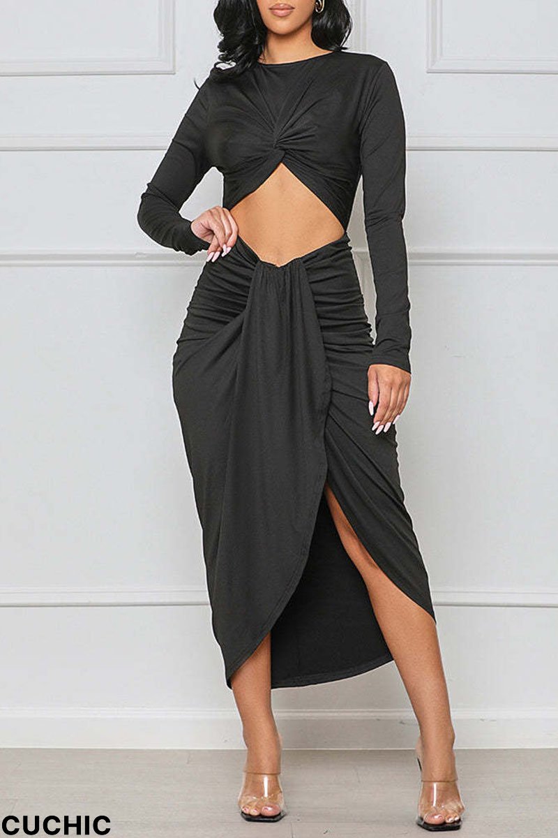 Black Sexy Solid Hollowed Out Patchwork Asymmetrical O Neck Irregular Dress Dresses-CuChic
