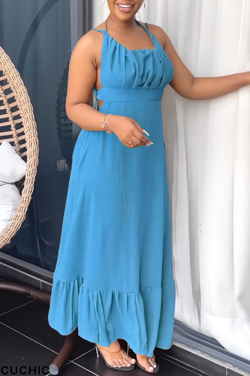 Blue Sexy Casual Solid Bandage Backless O Neck Long Dress Dresses-CuChic