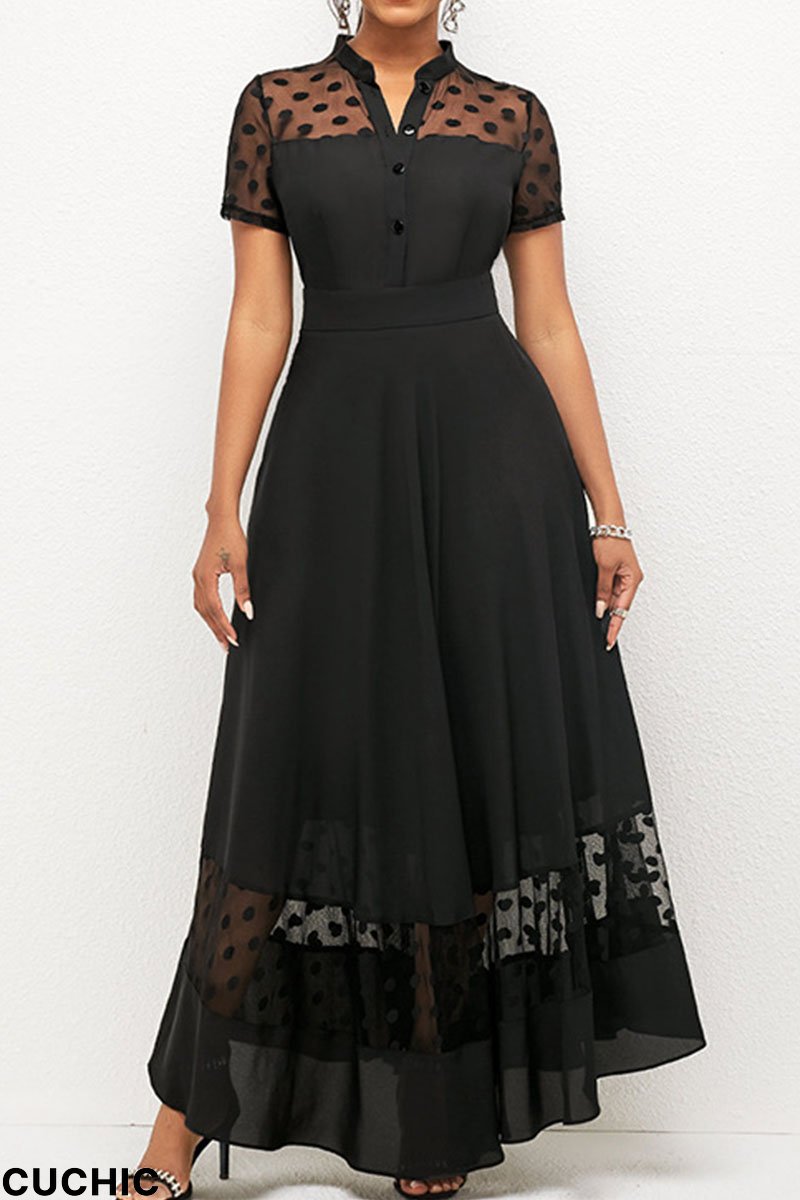 Black Elegant Polka Dot Patchwork Buckle O Neck A Line Dresses-CuChic