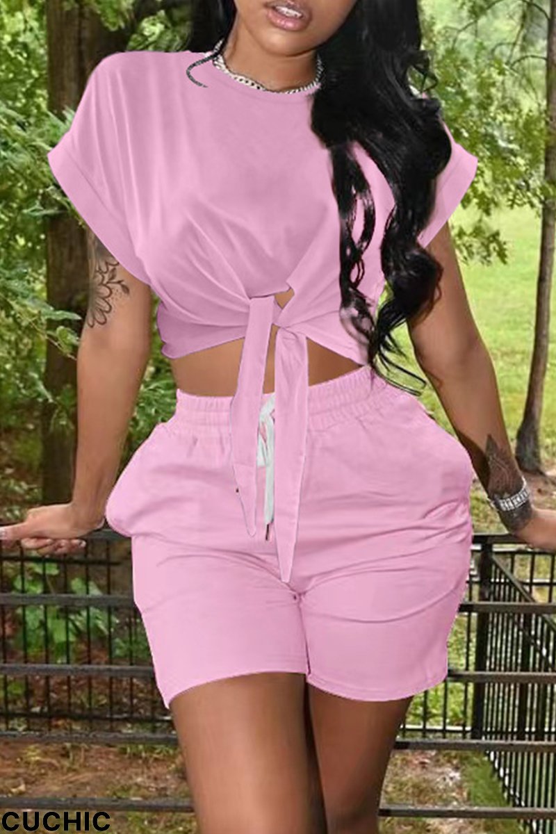 Pink Fashion Casual Solid Bandage O Neck Short Sleeve Two Pieces-CuChic