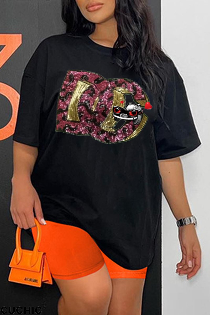 Black Fashion Street Print Patchwork O Neck T-Shirts-CuChic