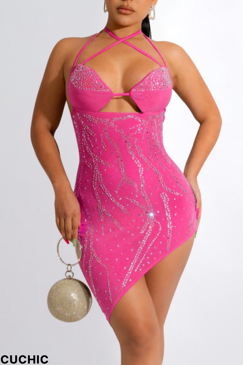 Pink Sexy Patchwork Solid Hot Drilling Backless Spaghetti Strap Irregular Dress Dresses-CuChic