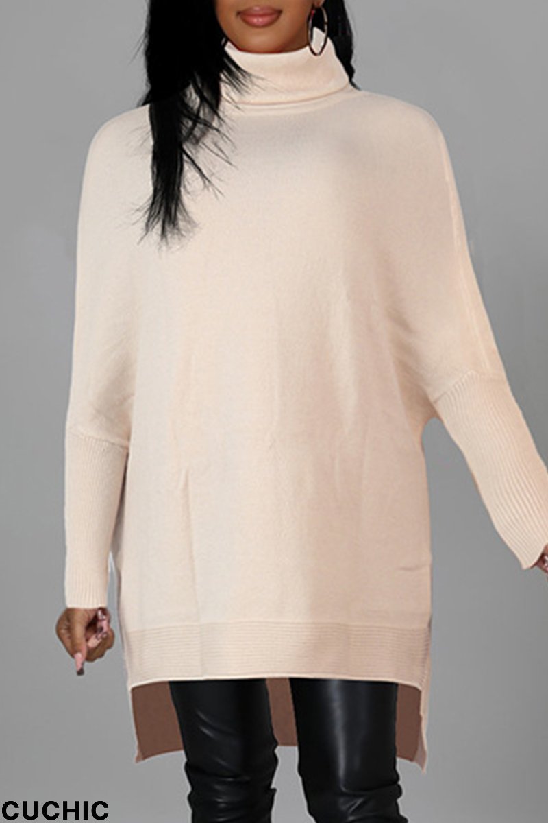 Apricot Fashion Casual Solid Slit Turtleneck Tops-CuChic