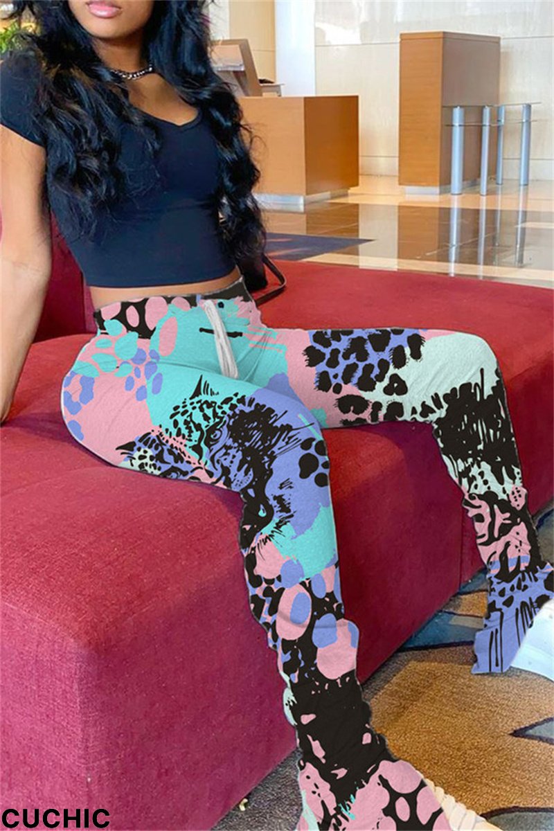 Powder Blue Fashion Casual Print Slit Fold Regular High Waist Trousers-CuChic