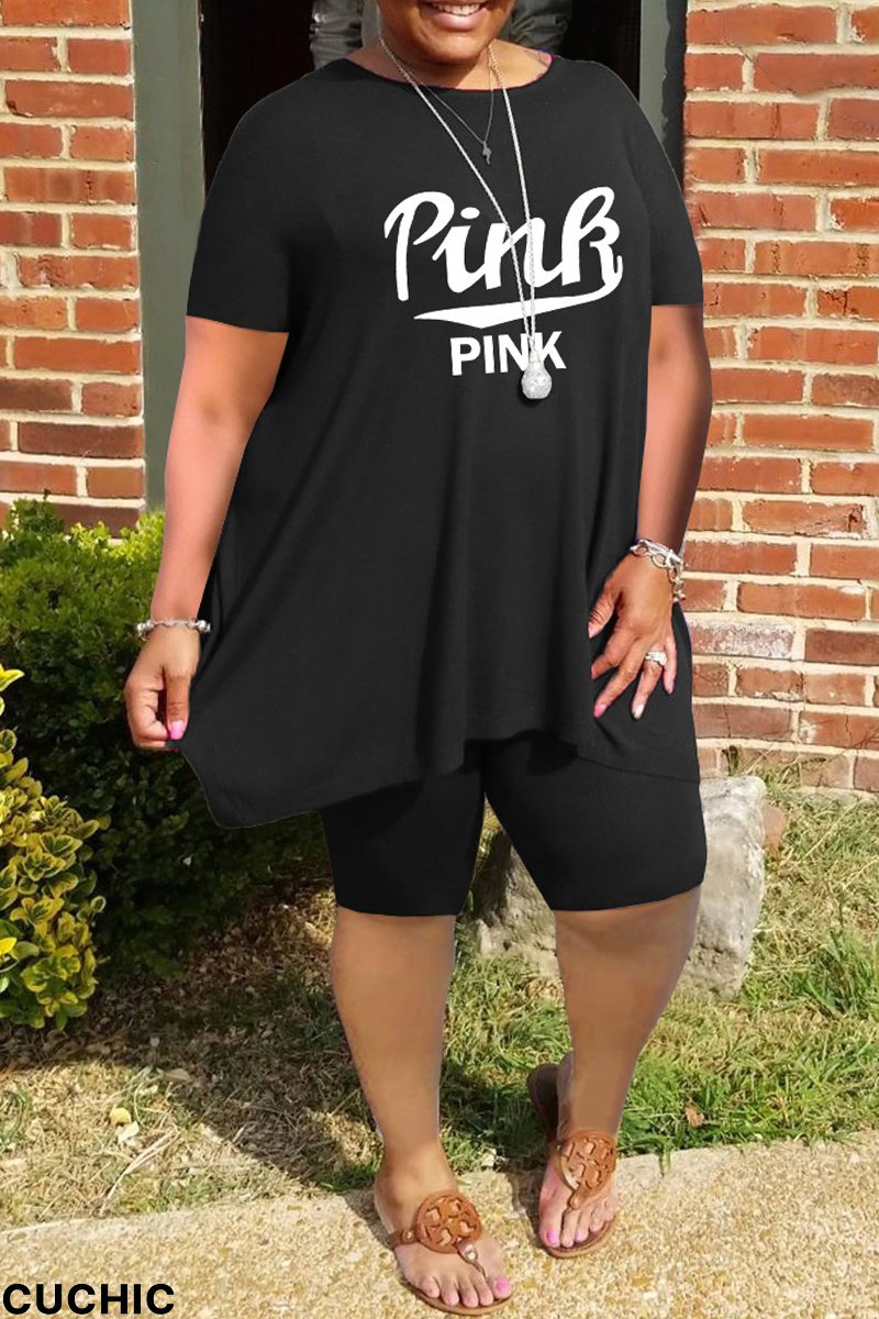 Black Fashion Casual Letter Print Basic O Neck Plus Size Two Pieces-CuChic