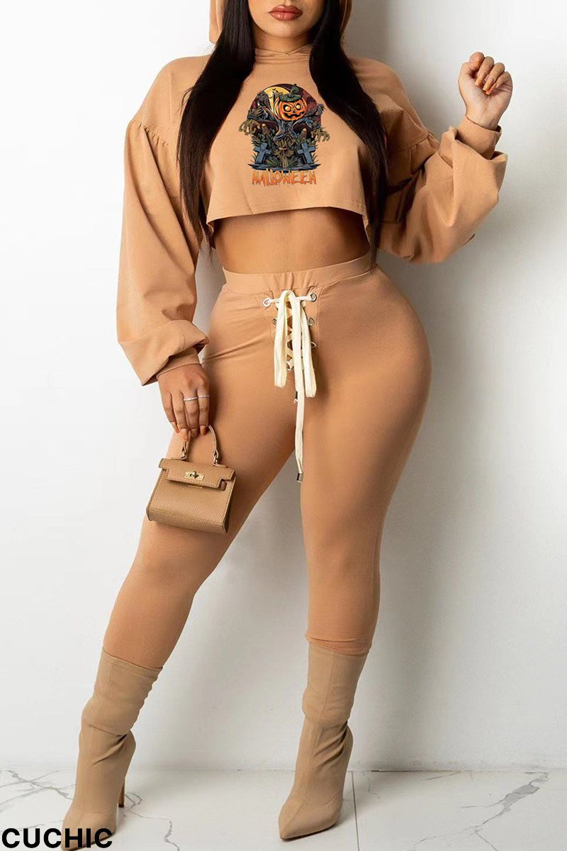 Skin Color Fashion Casual Print Basic Hooded Collar Long Sleeve Two Pieces-CuChic