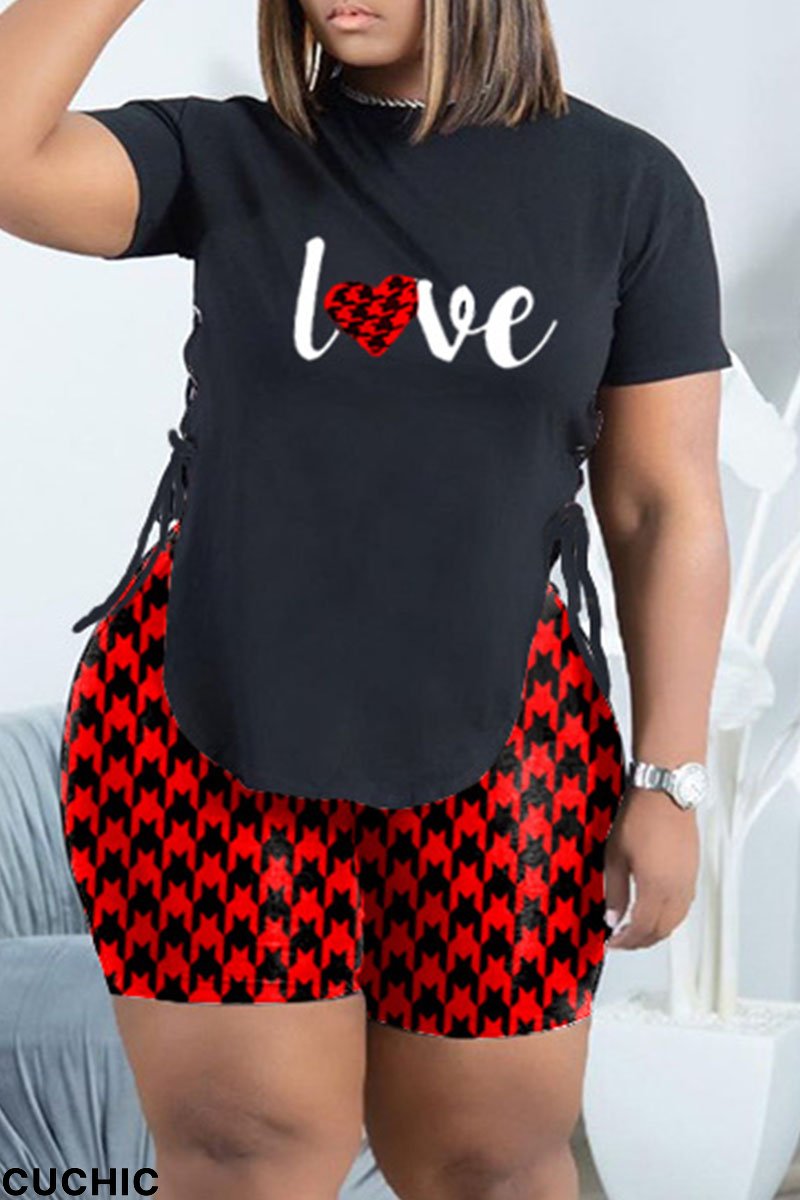 Black Red Fashion Casual Print Bandage Basic O Neck Plus Size Two Pieces-CuChic
