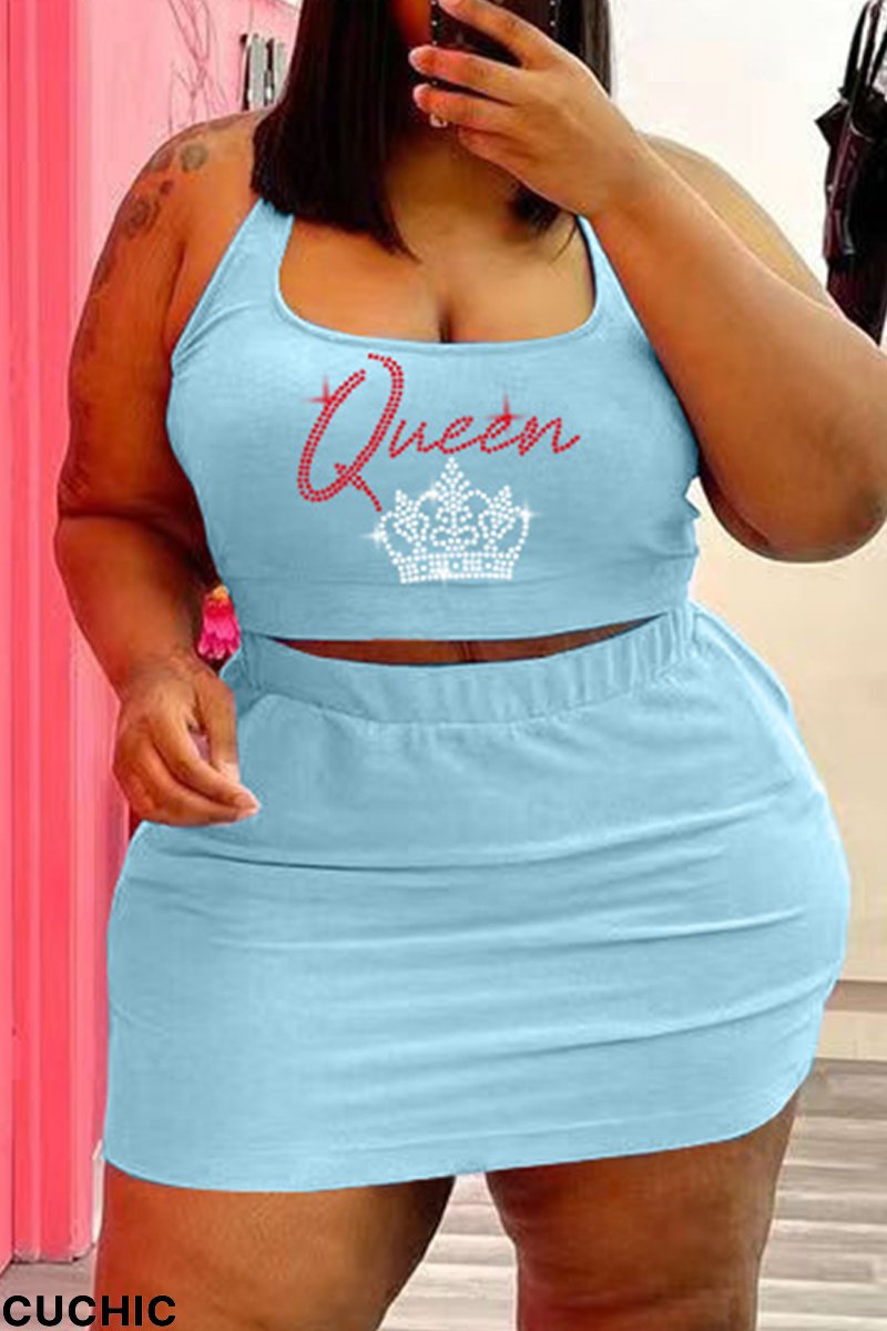 Light Blue Sexy Casual Letter Hot Drilling Basic U Neck Sleeveless Two Pieces-CuChic